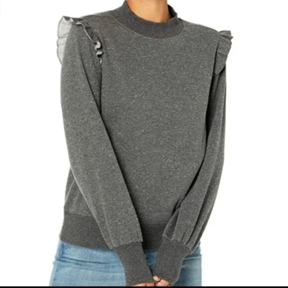 Womens Goodthreads Charcoal Gray Mock Neck Heritage Ruffled Sweatshirt Top XS - Picture 1 of 8